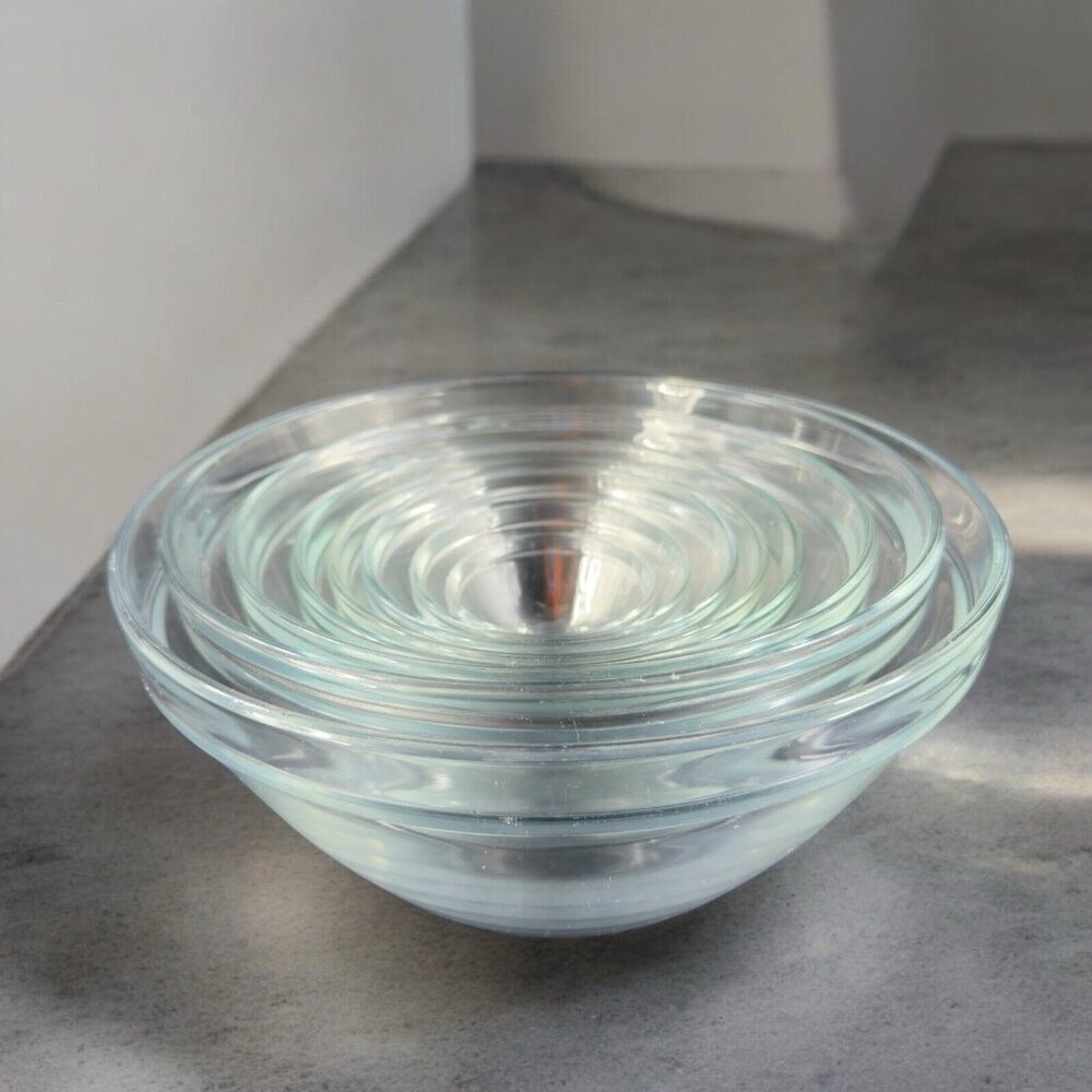 Bormioli Rocco Clear Round Nesting Bowls Set 8 Tempered‎ Glass Bowls Dishes VTG